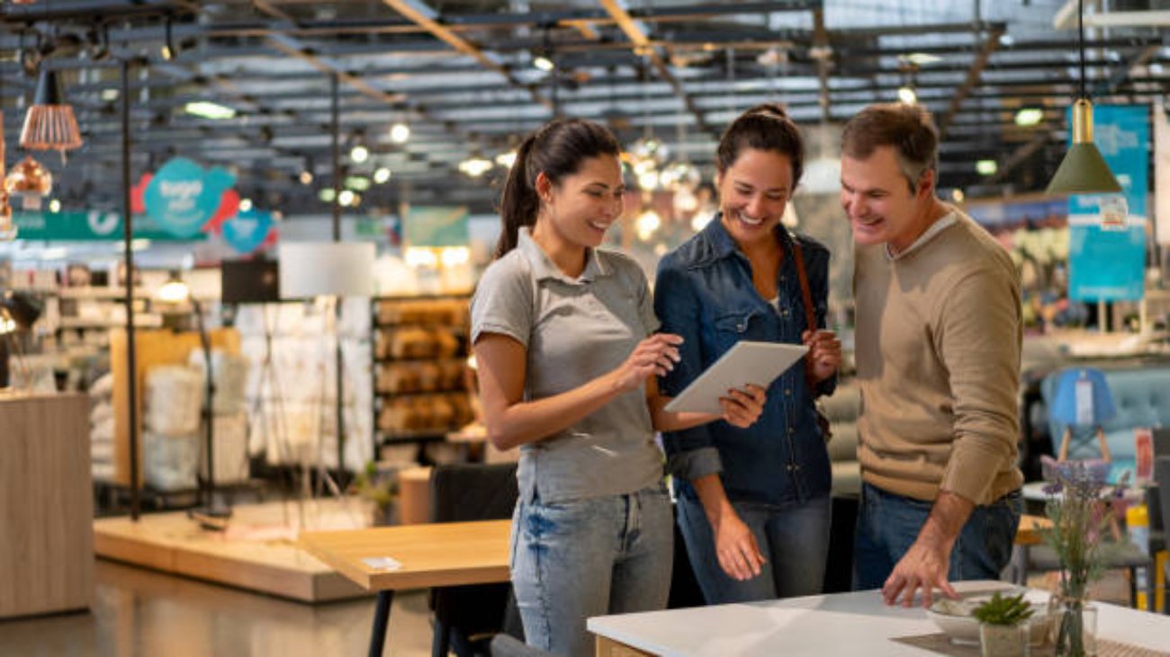 Cheerful sales woman showing a design on tablet to mid adult couple looking for furniture at a home store - Home renovation concepts